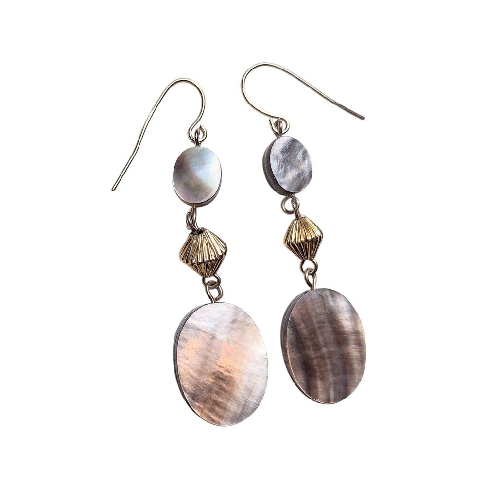 Vintage Mother's of Pearl Shell Gold tone Beaded Dangle Earrings